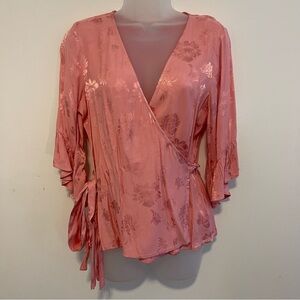 Express Women's Wrap Top Flutter Sleeve Side Tie Coral Floral Medium NEW NWT